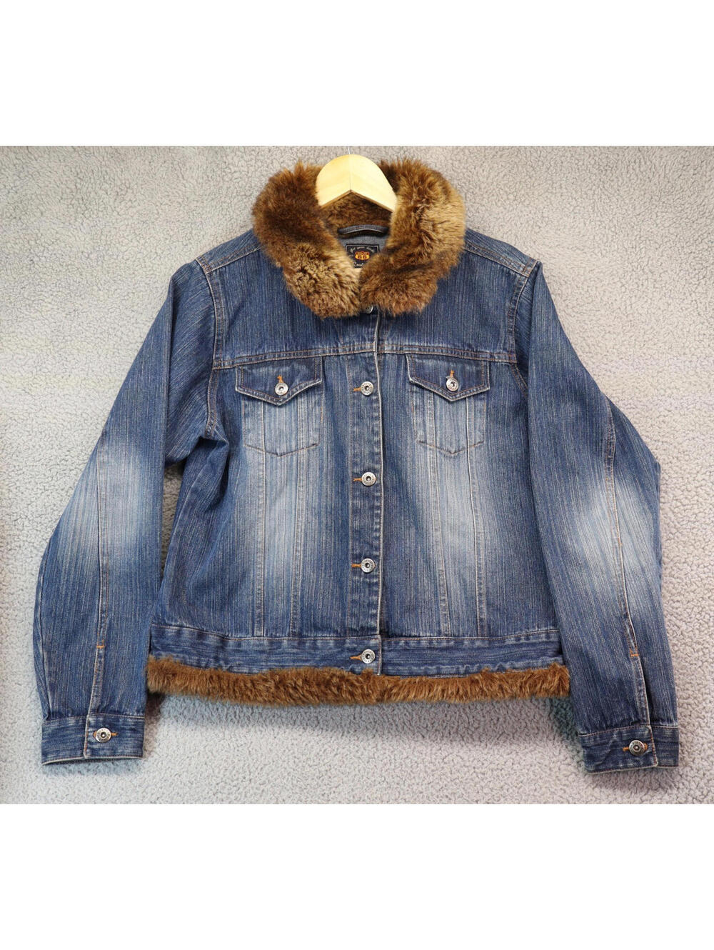 Route 66 Fur Lined Collar Denim Jacket Y2K 90s Women L